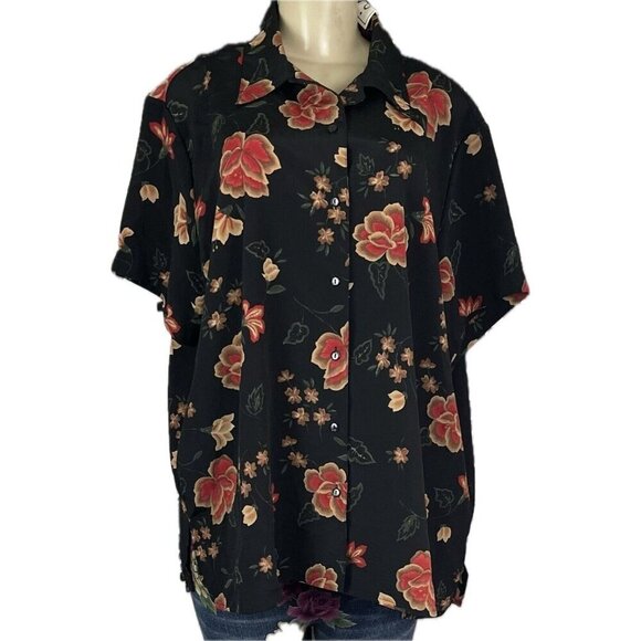 Claudia Richard +22W Black Floral Button Down Front Collar Short Sleeve Blouse - Picture 2 of 6